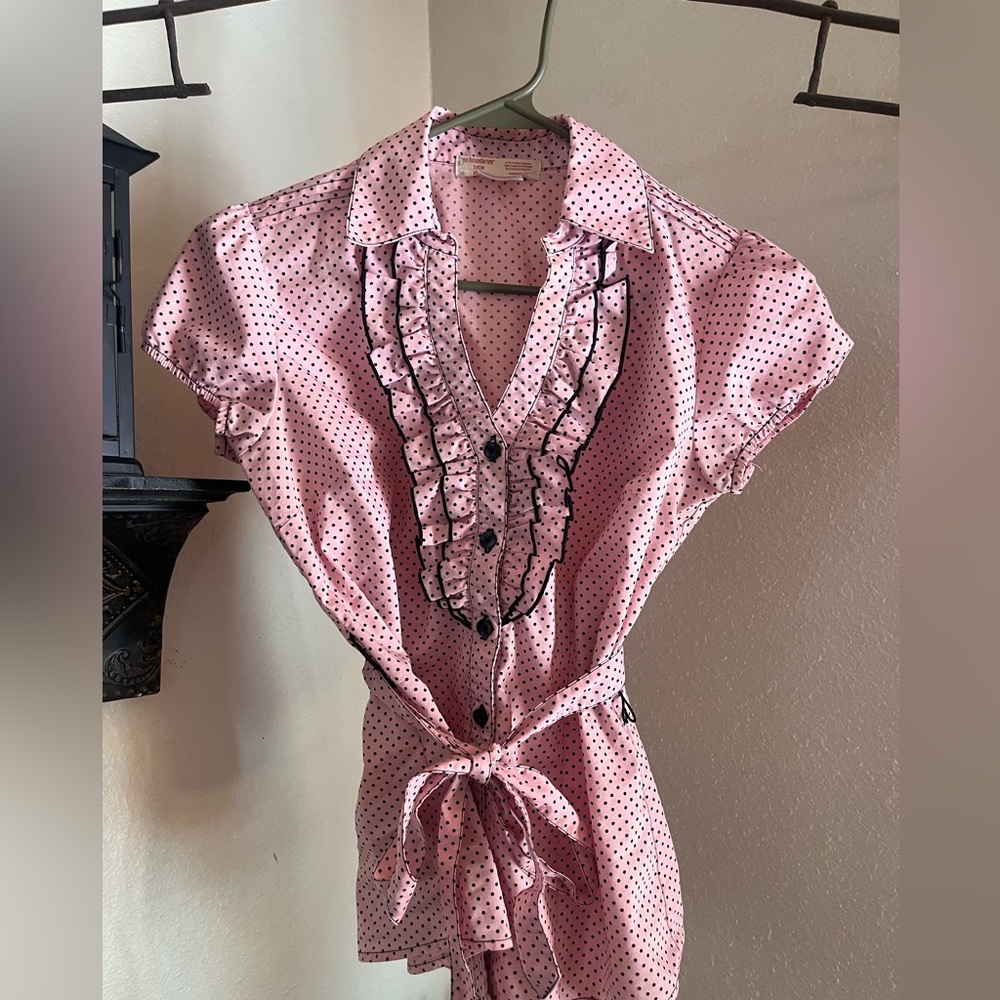 No Boundaries Pink Blouse with Black Polka Dots